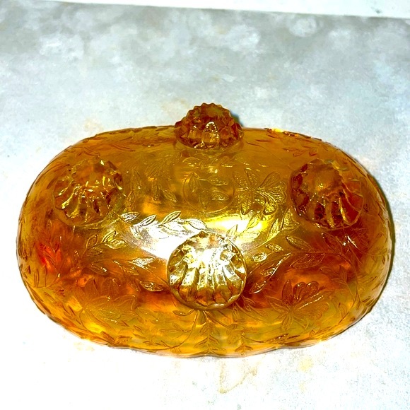 Carnival Glass Iridescent Small Candy Dish Vintage Jeanette Amber Floral Pattern - Picture 5 of 12